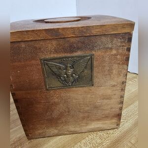 Vintage Wood Canister Box Eagle Brass Emblem Tight Dovetail Joint Excellent 6.5"